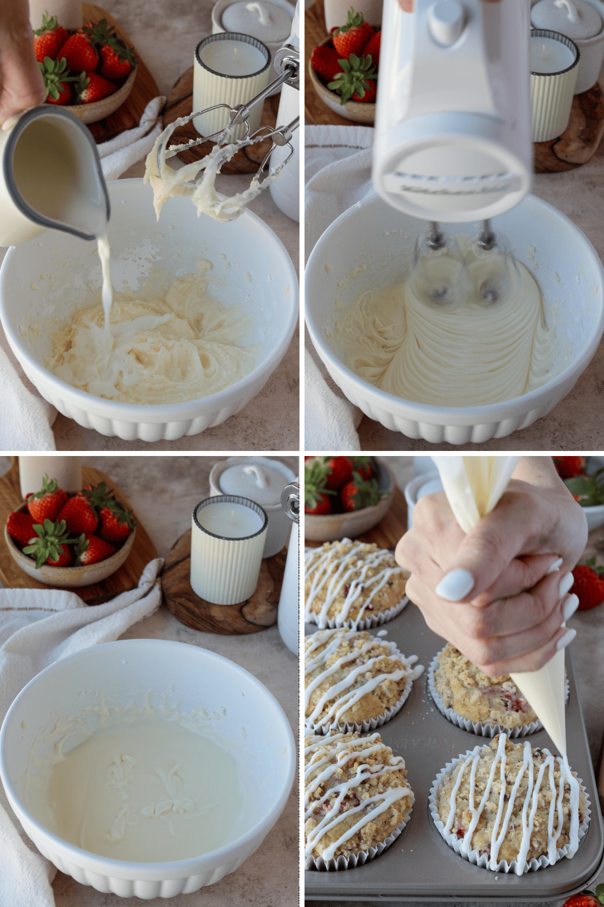 A panel of four images: The first image shows milk being poured into a bowl of cream cheese mixture. The second image captures an electric mixer blending the ingredients into a smooth glaze. The third image shows the finished glaze in a bowl, and the fourth image features a hand piping the glaze in delicate drizzles over freshly baked strawberry muffins.