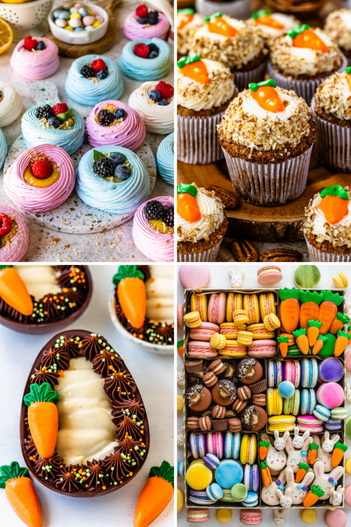 A panel of four images: The first image shows pastel meringue nests filled with lemon curd and fresh berries, the second image shows frosted carrot cupcakes topped with piped carrots and chopped nuts, the third image shows chocolate Easter egg desserts decorated with frosting and candy carrots, and the fourth image shows a colorful box of assorted Easter-themed macarons and cookies.