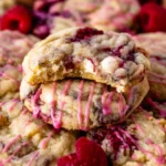 Close-up of raspberry white chocolate cookies drizzled with pink icing and surrounded by fresh raspberries on a wooden board. The cookies have golden edges and vibrant berry swirls.