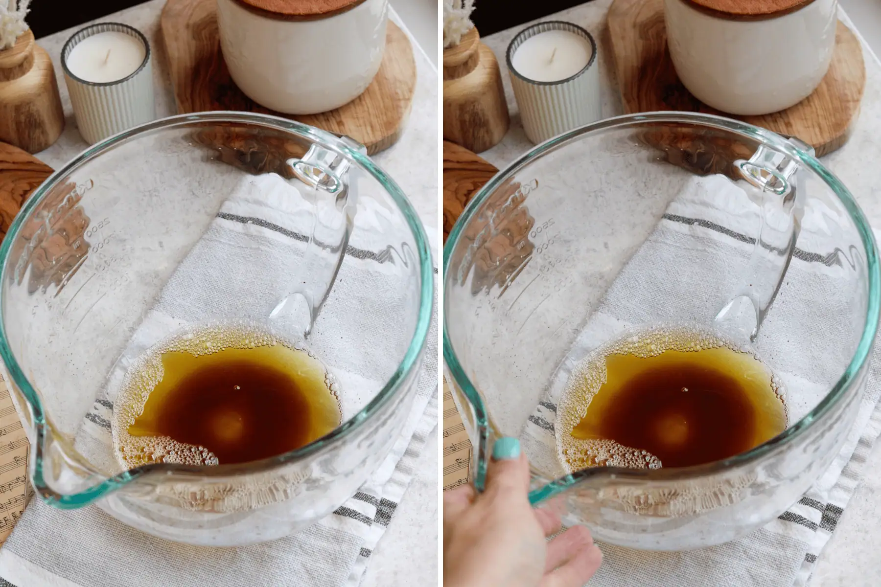 A panel of two images: The first image shows a glass mixing bowl filled with freshly browned butter resting on a striped kitchen towel. The second image shows the same bowl of brown butter being held at an angle by a hand with teal nail polish.