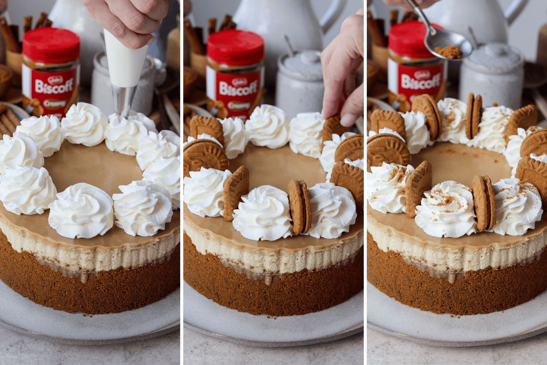 ChatGPT said: A panel of three images: The first shows whipped cream being piped around the edge of a chilled Biscoff cheesecake. The second shows Biscoff cookies being placed between the swirls, and the third shows cookie crumbs being sprinkled on top for the final garnish.