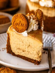 A close-up slice of no-bake Biscoff cheesecake topped with whipped cream, Biscoff cookies, and cookie crumbs, showing its creamy texture and crumbly cookie crust.