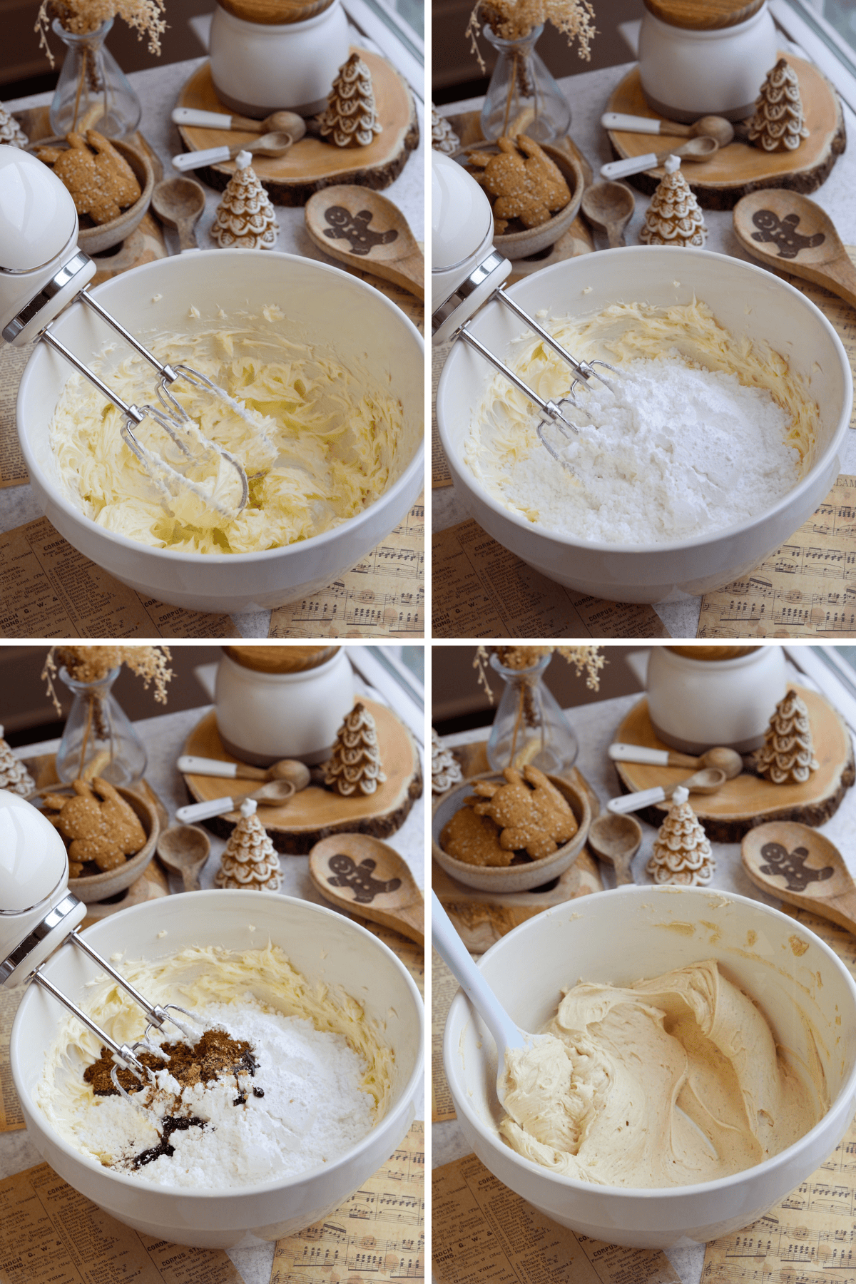 A panel of four images: The first image shows butter being creamed in a mixing bowl. The second image shows powdered sugar added to the butter. The third image shows brown sugar, vanilla, and spices added to the bowl. The fourth image shows the finished spiced frosting, smooth and creamy, ready to spread over the gingerbread cake.