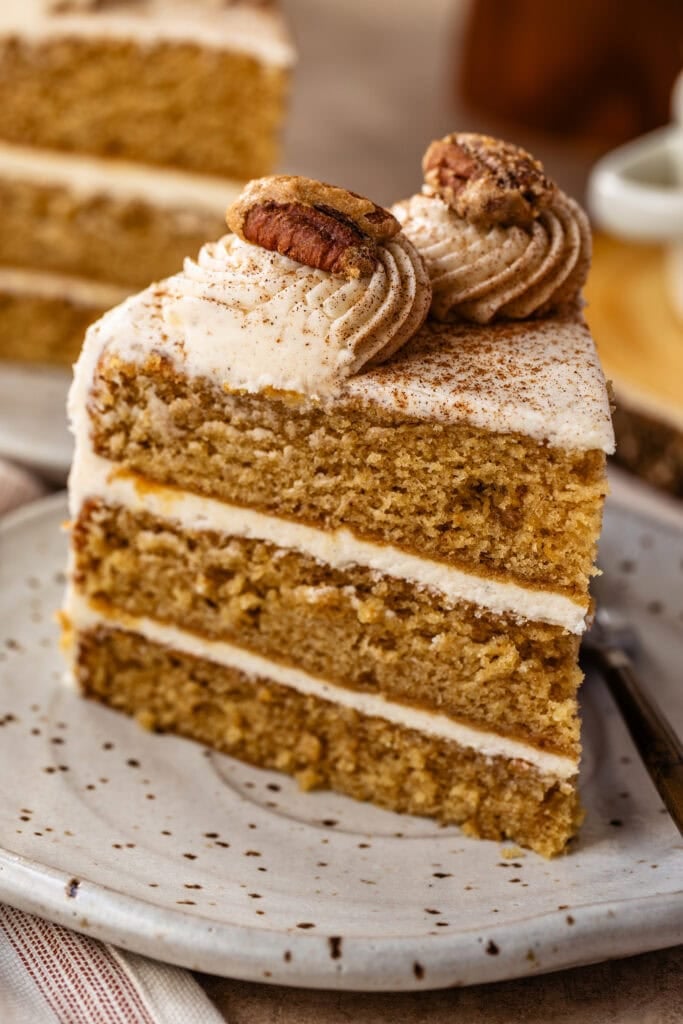 Slice of spiced layer cake with cream cheese frosting, topped with piped frosting and candied pecans.