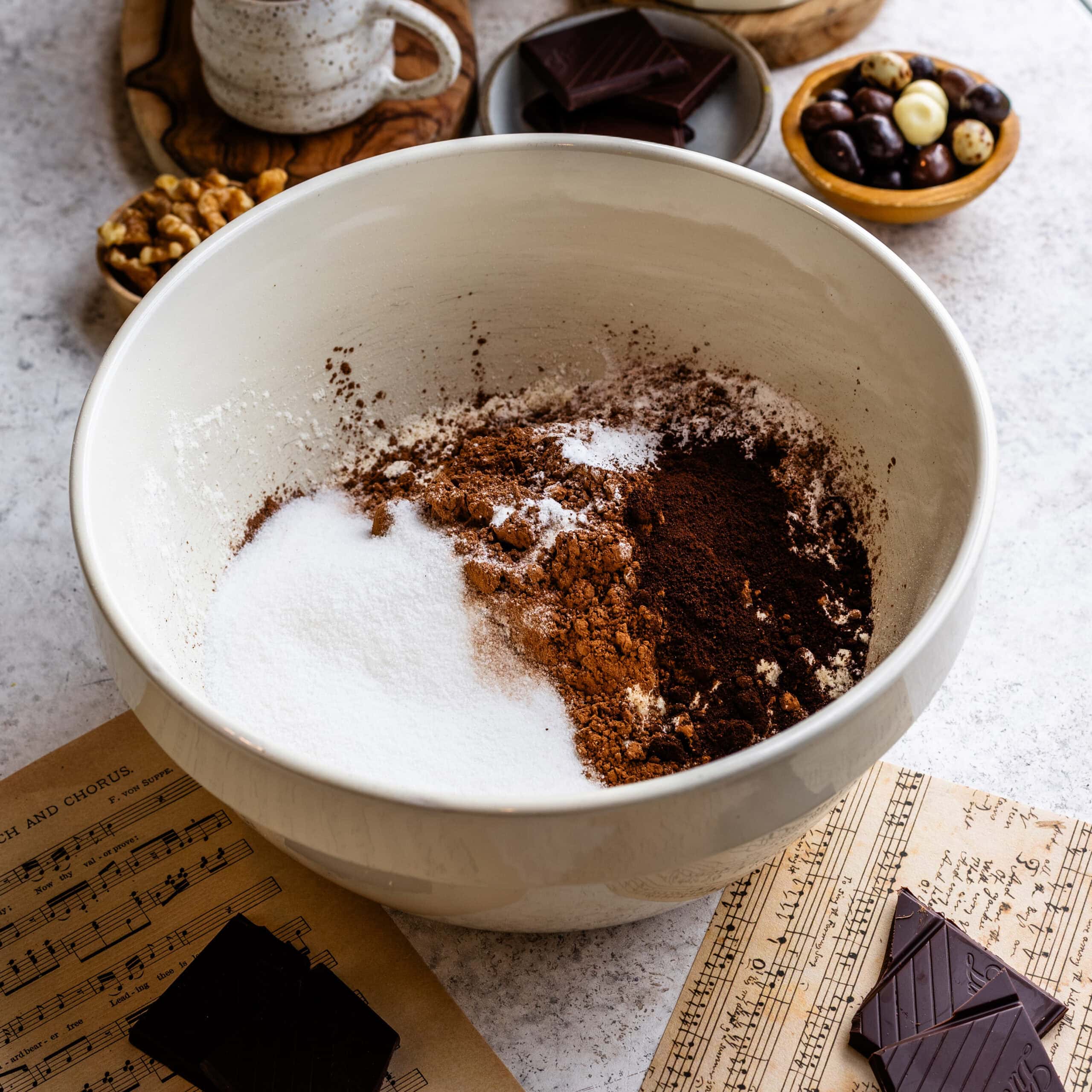 Dry ingredients being mixed together for chocolate espresso scones.