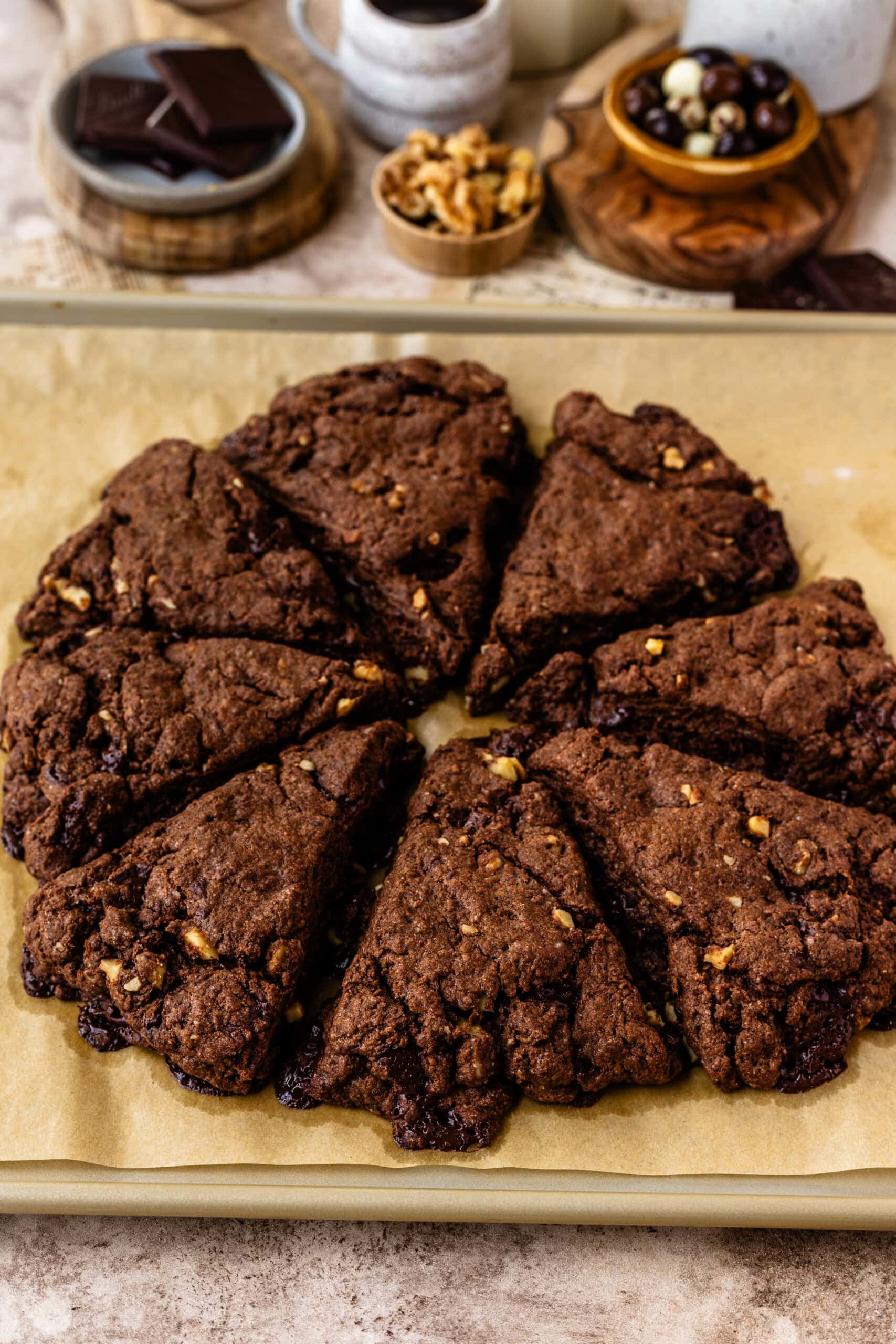A batch of freshly baked Espresso Chocolate Scones just out of the oven and ready to glaze.