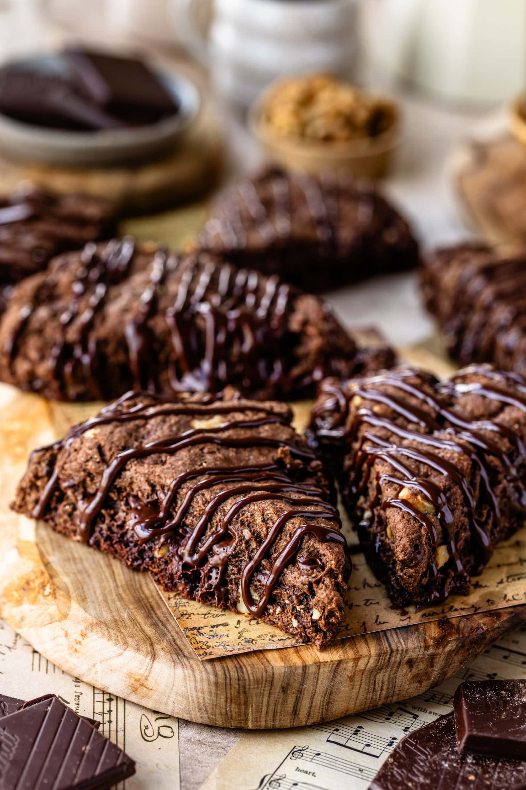 Freshly baked espresso chocolate scones drizzled with a silky chocolate ganache.