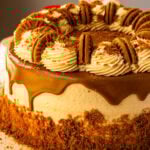 A Biscoff cake decorated with cookie butter frosting swirls, Biscoff cookies, and a smooth cookie butter drip, finished with Biscoff crumbs around the base.