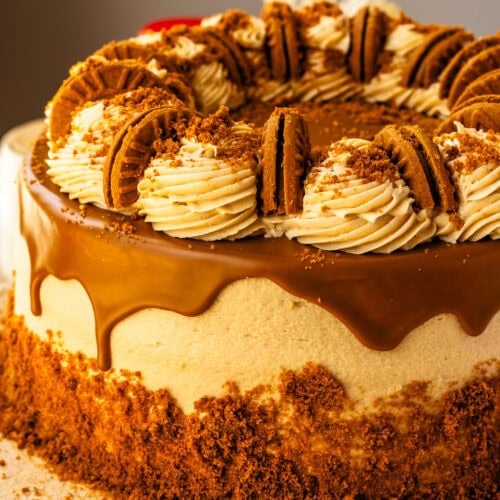 A Biscoff cake decorated with cookie butter frosting swirls, Biscoff cookies, and a smooth cookie butter drip, finished with Biscoff crumbs around the base.
