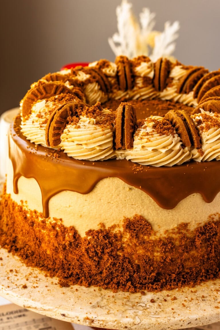 A Biscoff cake decorated with cookie butter frosting swirls, Biscoff cookies, and a smooth cookie butter drip, finished with Biscoff crumbs around the base.