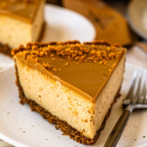A slice of Biscoff pie with a creamy cheesecake filling, Biscoff cookie crust, and smooth cookie butter topping sprinkled with crumbs.