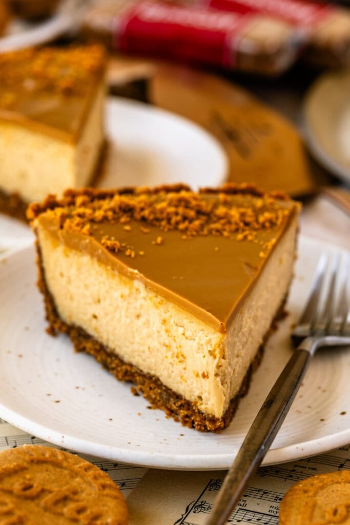 A slice of Biscoff pie with a creamy cheesecake filling, Biscoff cookie crust, and smooth cookie butter topping sprinkled with crumbs.