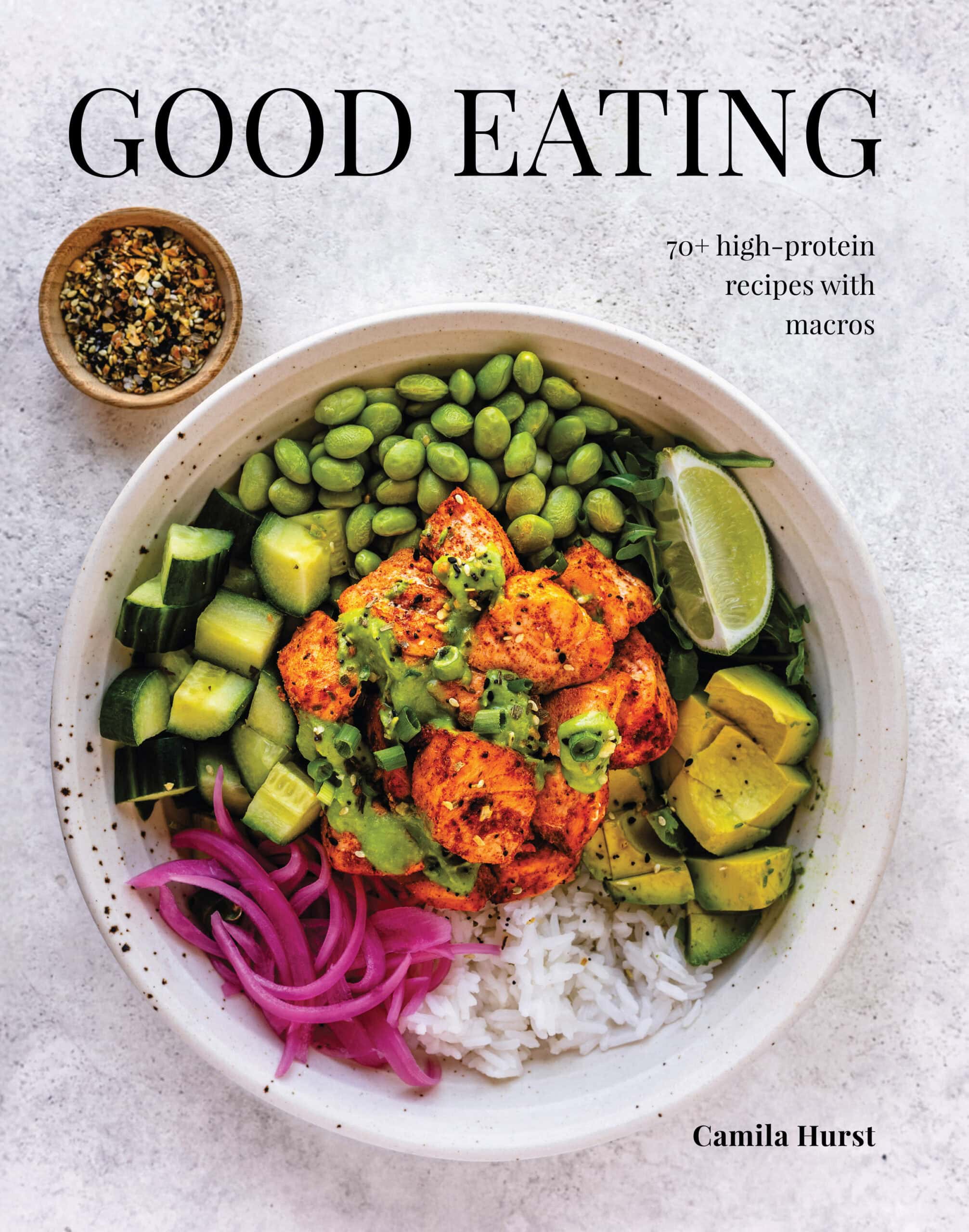 Colorful bowl with vegetable, lime, rice, and pickled onions for healthy eating. Book cover