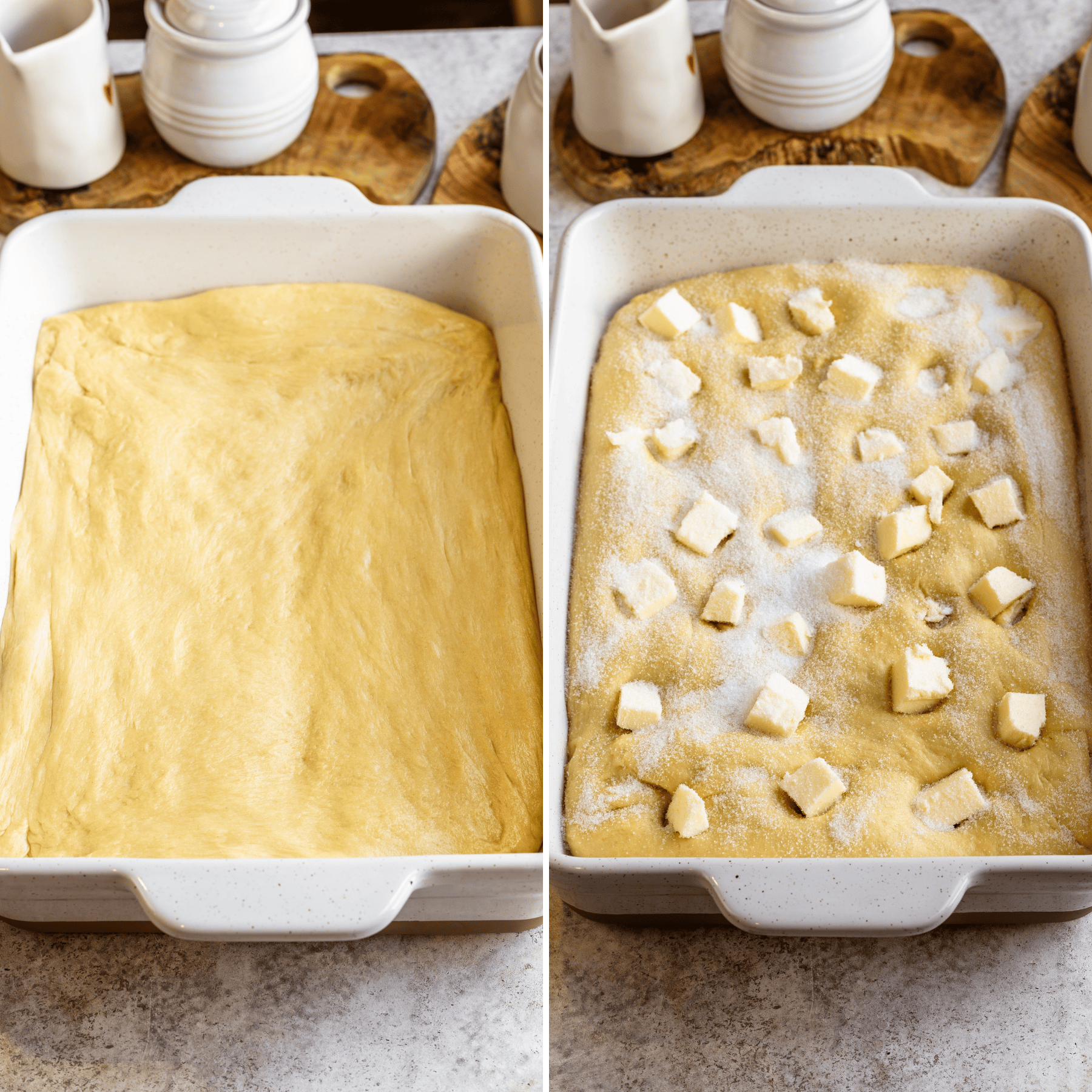 A panel of 2 images: The first image shows the donut cake dough stretched into a greased 9x13-inch baking dish before topping. The second image shows the dough dimpled and topped with butter cubes and sugar before baking.