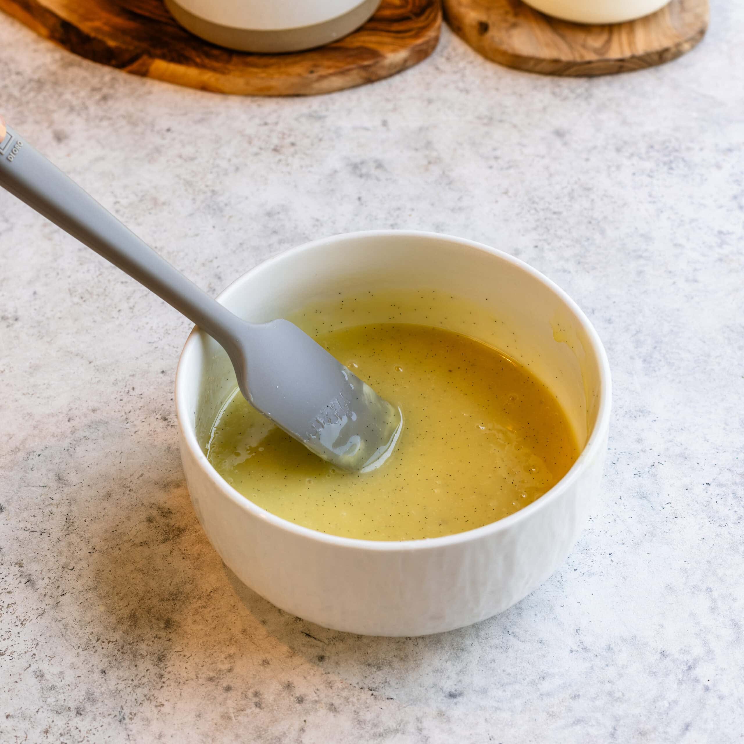 Mixed white chocolate, heavy cream, and vanilla to form the white chocolate vanilla ganache.