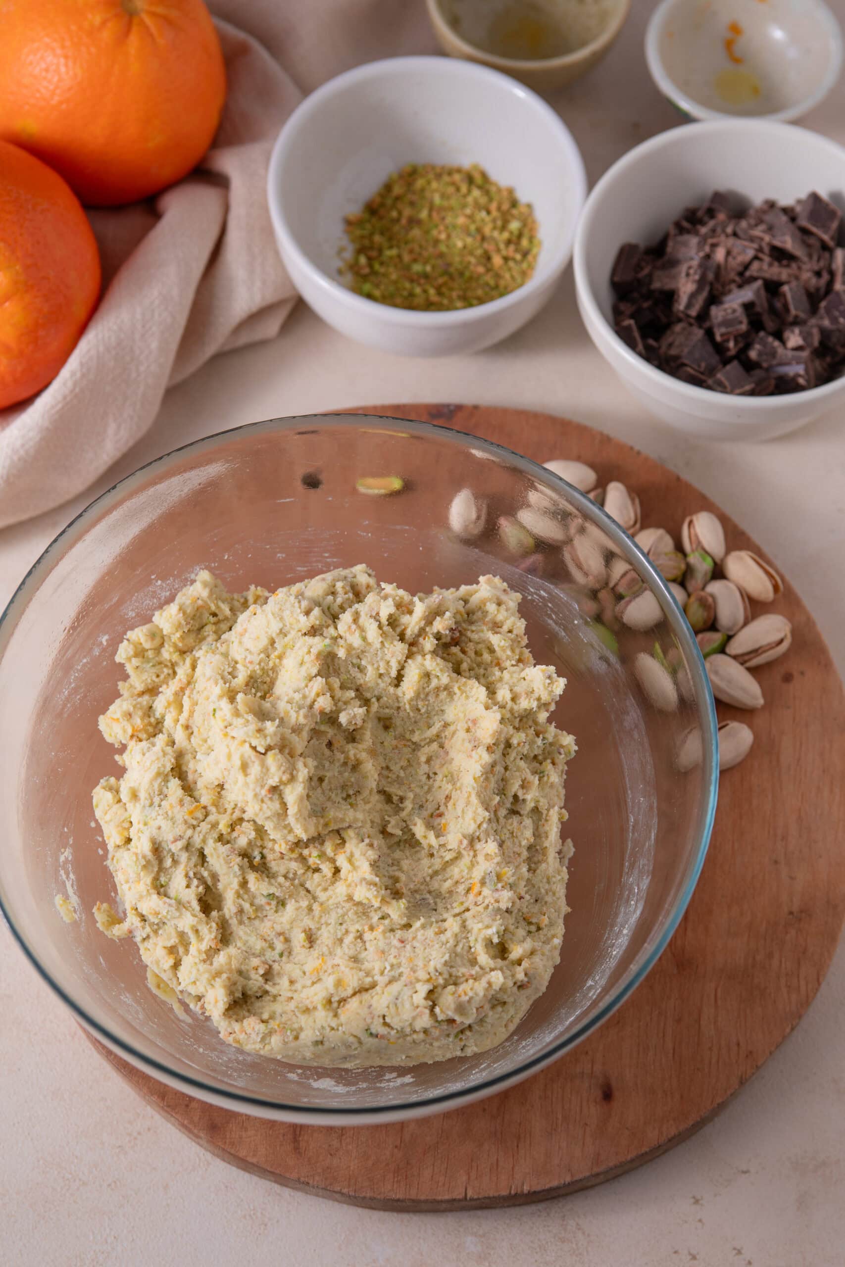 Finished orange pistachio shortbread cookie dough ready for chilling