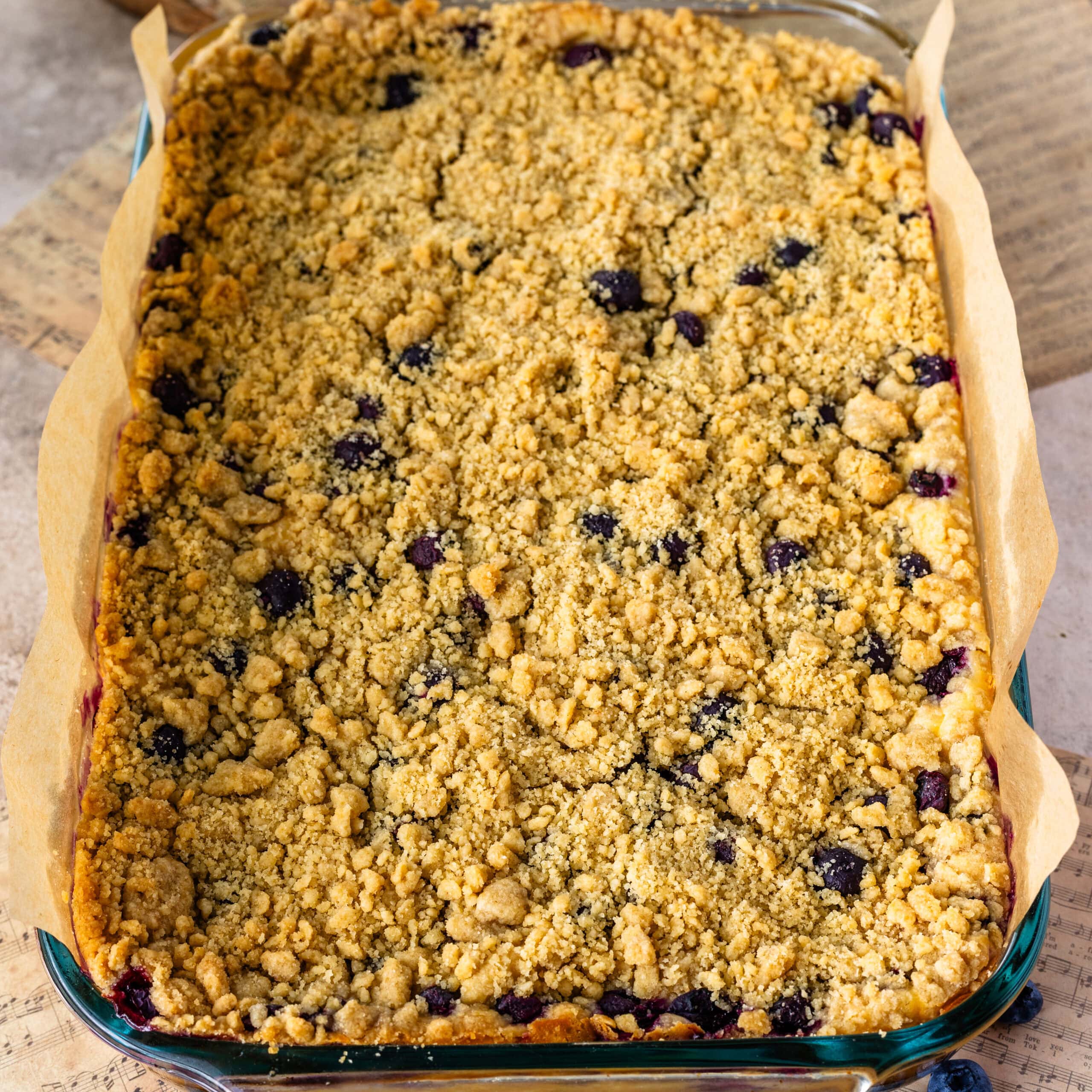 Freshly baked blueberry cheesecake bars fresh out of the oven.
