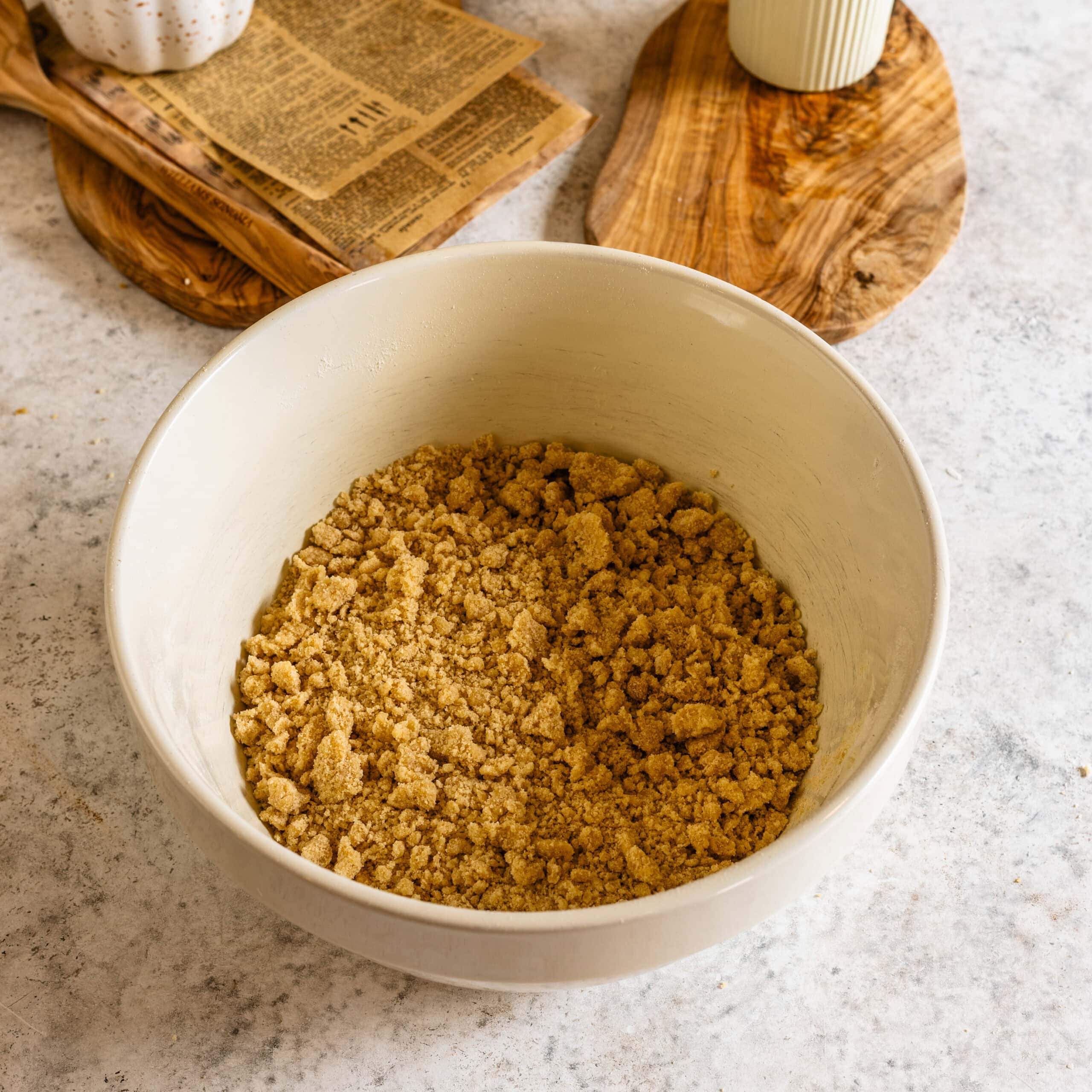 Fully mixed streusel topping to be sprinkled over the blueberry cheesecake bars.
