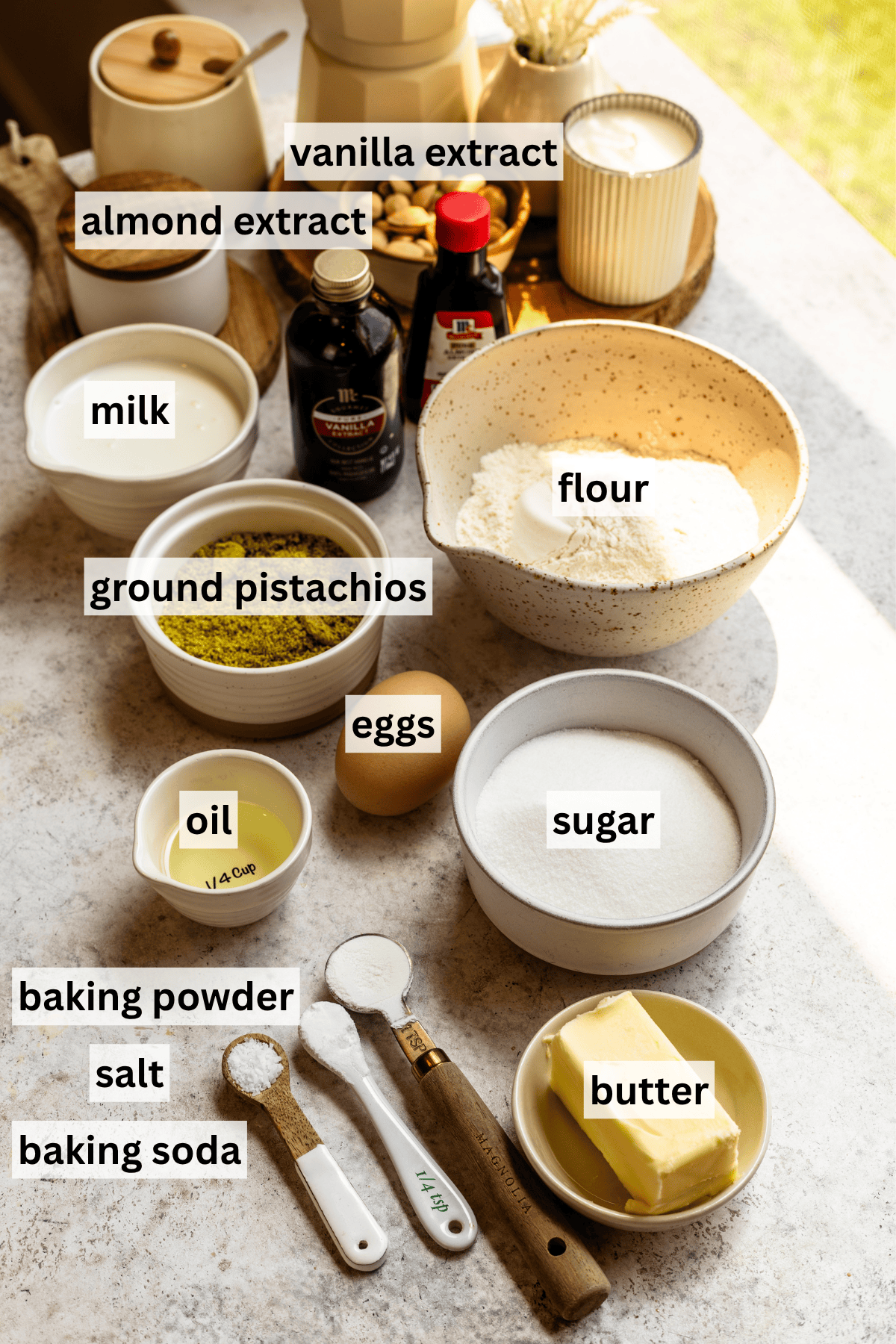 Labeled ingredients for the cupcake batter for pistachio cupcakes!