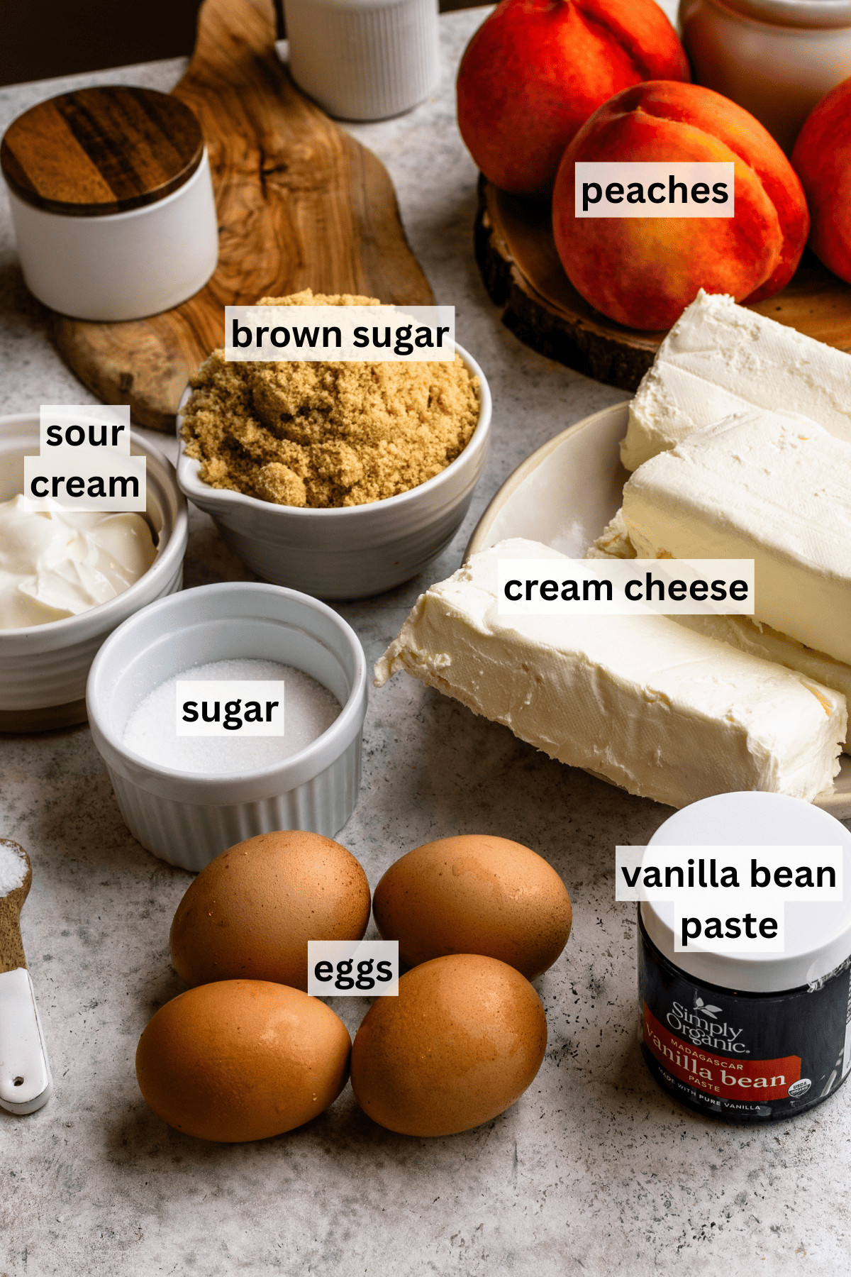 Labeled ingredients for Peach Crumble Cheesecake Bars.