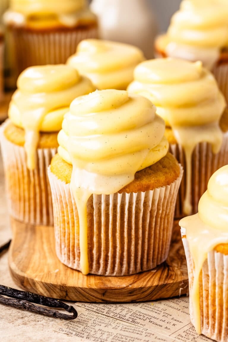 Vanilla cupcakes topped with vanilla German buttercream and vanilla bean ganache.