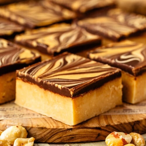 A close up of a peanut butter fudge square.